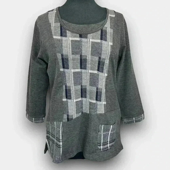 PARSLEY & SAGE ladies 3/4 sleeve medium grey/white/black scoop neck - Picture 1 of 10